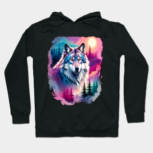 A Grey Wolf with Mountains, Floral Elements, Forests, Trees Hoodie